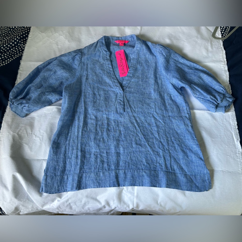 Lilly Pulitzer Mialeigh BLUE Linen Blouse, Size 6 - Picture 3 of 16